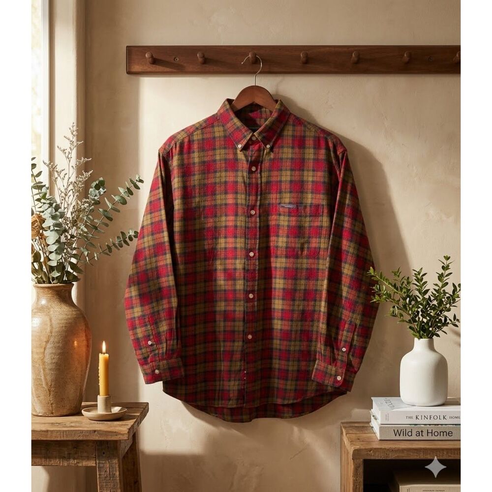 Vintage Polo Jeans Co Flannel Shirt Men's L Brown Red Plaid Button Down